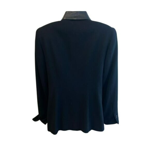 Womens Black Wool Blazer W/ Leather Collar & Cuffs Size M - Picture 4 of 7